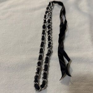 Black and Silver Tone Chain Necklace with Ribbon